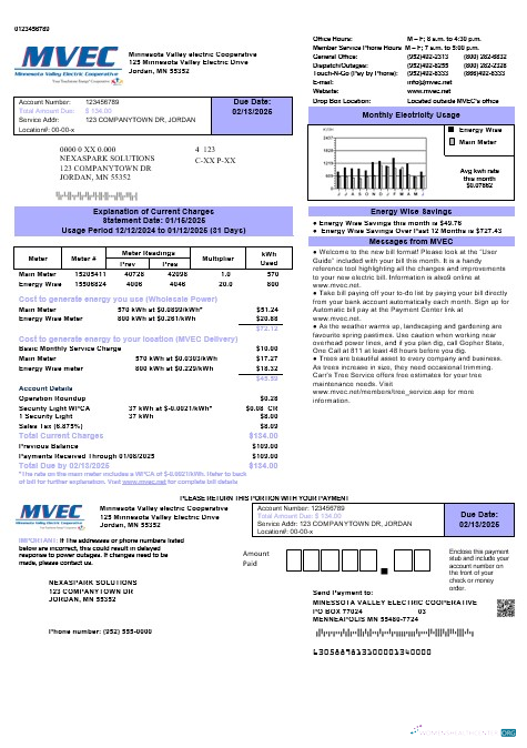 USA Minnesota Valley Electric Cooperative (MVEC) business utility bill template in Word and PDF formats